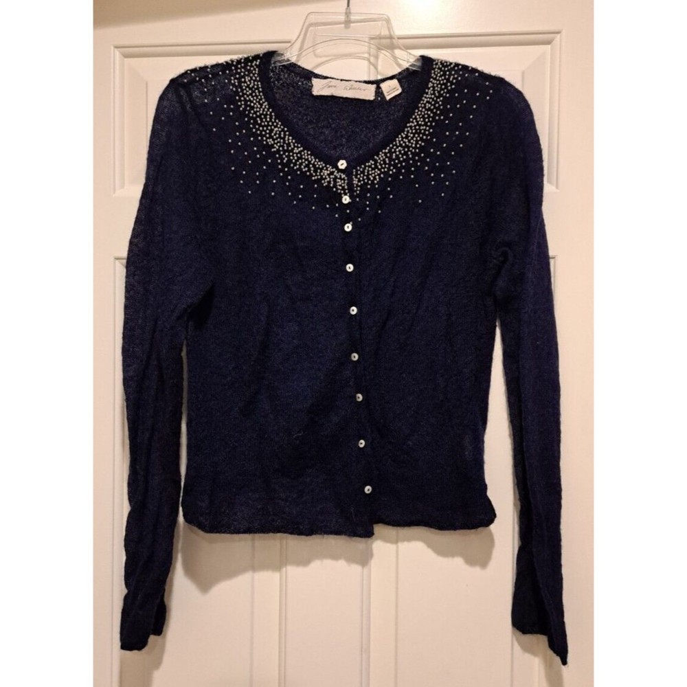 Jane Wheeler Anthropologie Seed Pearl Cardigan Kid Mohair/ Wool Sweater L Blue